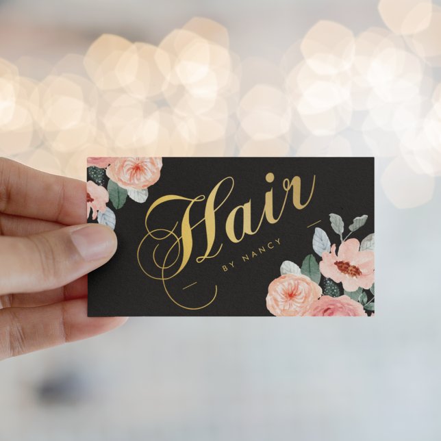 Gold Hair Salon Calligraphy Watercolor Floral  Business Card (Creator Uploaded)