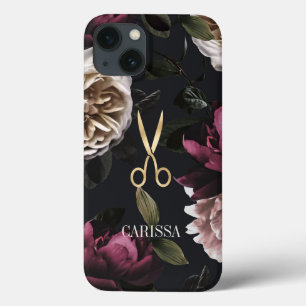 Gold Hairstylist Scissors on Elegant Dark Floral iPhone 13 Case