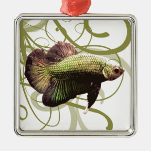 Gold Half-moon Betta Siamese Fighting Fish Metal Tree Decoration