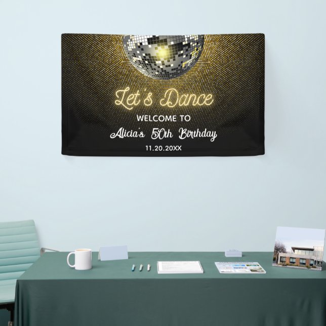 Gold Halftone Disco Ball Let's Dance Birthday Banner (Tradeshow)