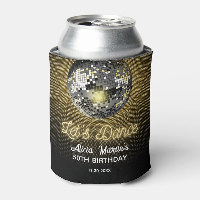 Gold Halftone Disco Ball Let's Dance Birthday Can Cooler (Can Front)