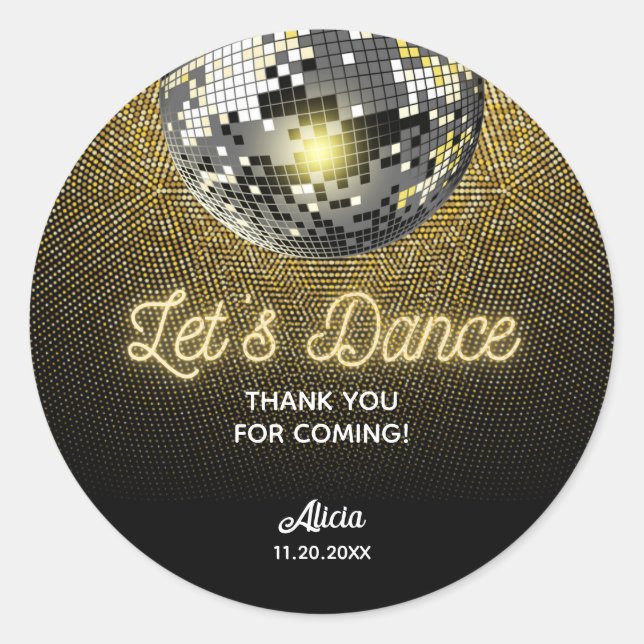 Gold Halftone Disco Ball Let's Dance Birthday Classic Round Sticker (Front)