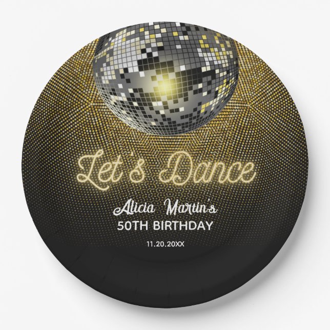 Gold Halftone Disco Ball Let's Dance Birthday Paper Plate (Front)