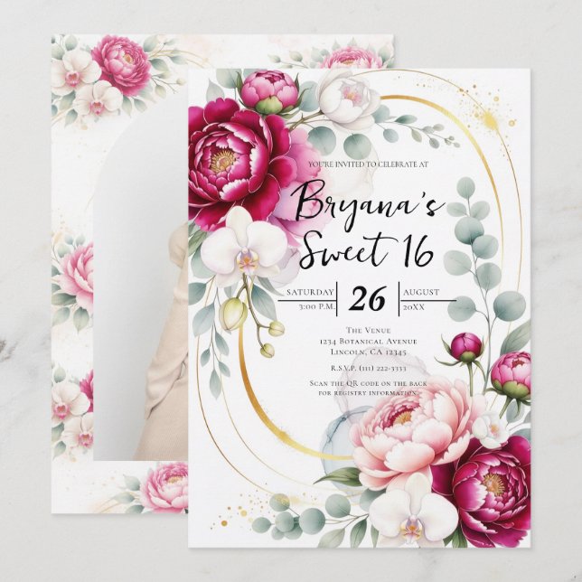 Gold Halo Garden Peonies & Orchids Floral Sweet 16 Invitation (Front/Back)