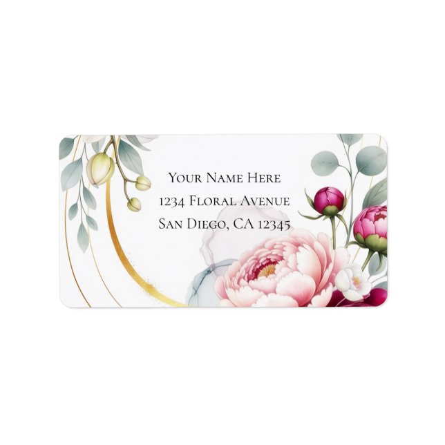 Gold Halo Garden Peonies & Orchids Floral Wedding  Label (Front)