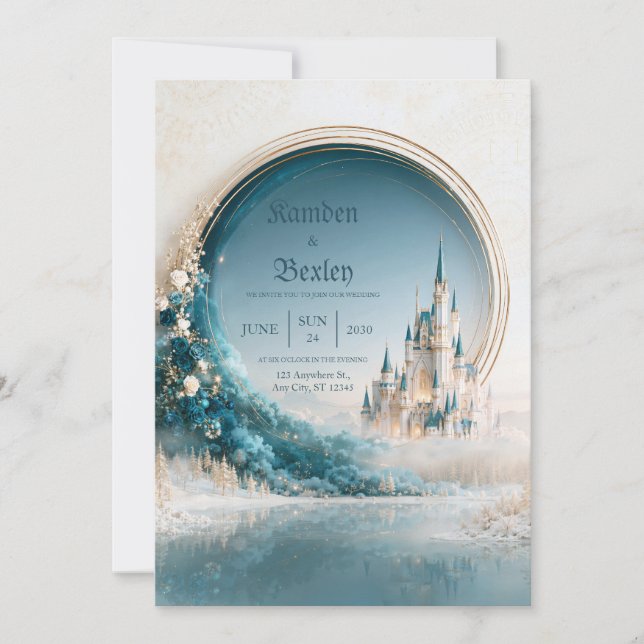 Gold Halo Teal Castle Invitation Wedding (Front)