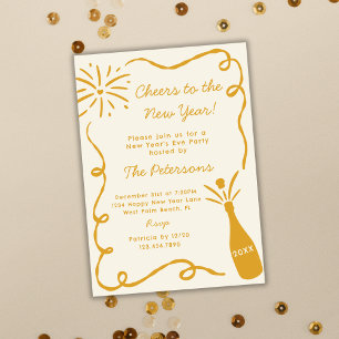 Gold Hand Drawn Popping Champagne New Years Eve Invitation