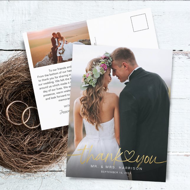 Gold Hand Lettered Script Photos Wedding Thank You Postcard (Gold Hand Lettered Script Photos Wedding Thank You Postcard)