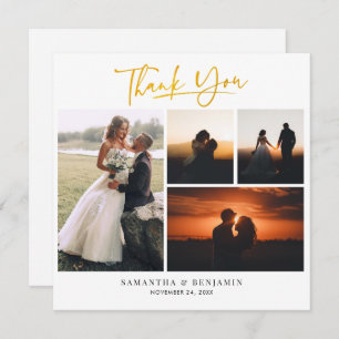 Gold Hand-Lettered Wedding Photo Collage Thank You Card