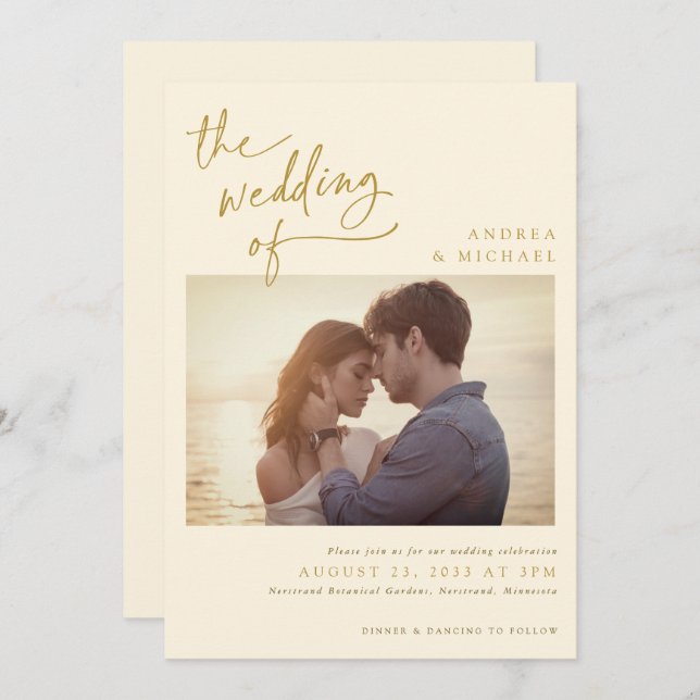 Gold Handwriting Cream Ivory Modern Photo Wedding Invitation (Front/Back)