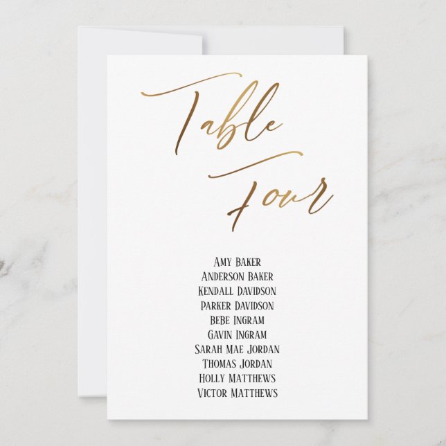 Gold Handwriting Table Four Seating Chart Card (Front)