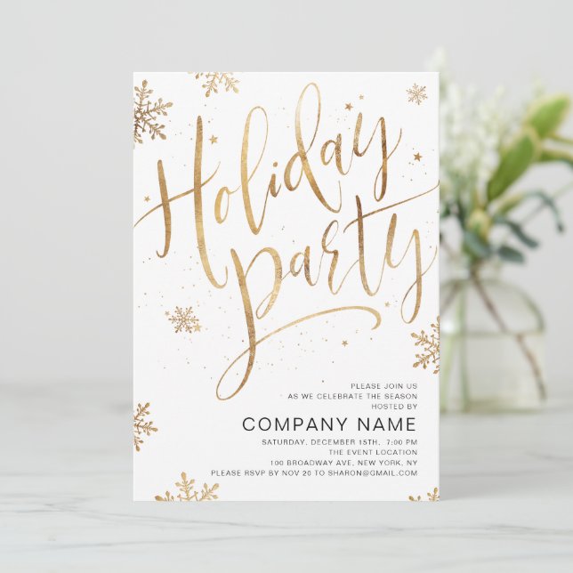 Gold handwritten calligraphy holiday Party Invitation (Standing Front)