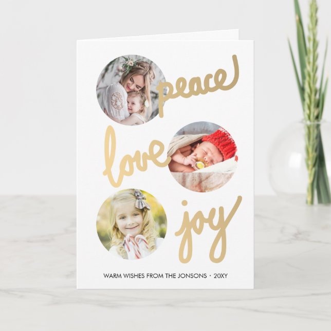 Gold Handwritten Holidays 3 Photo Collage Card (Front)
