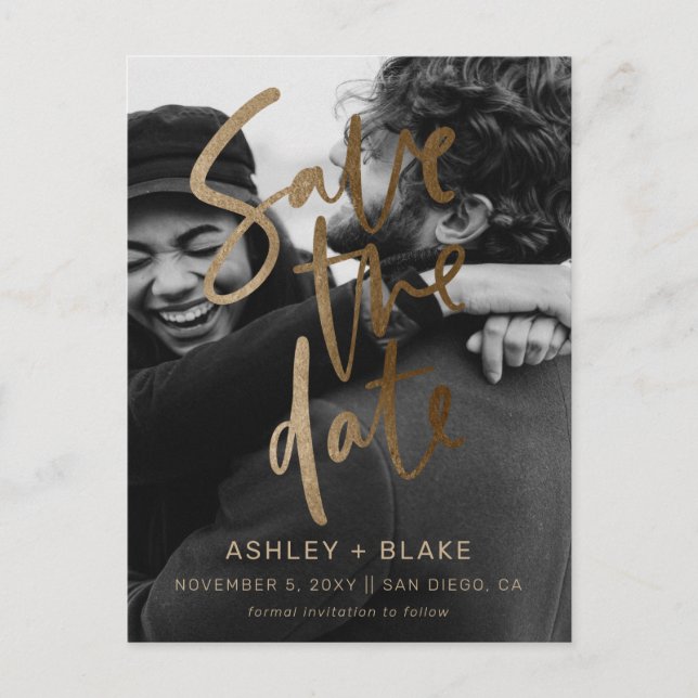 Gold Handwritten Photo Save the Date Announcement Postcard (Front)