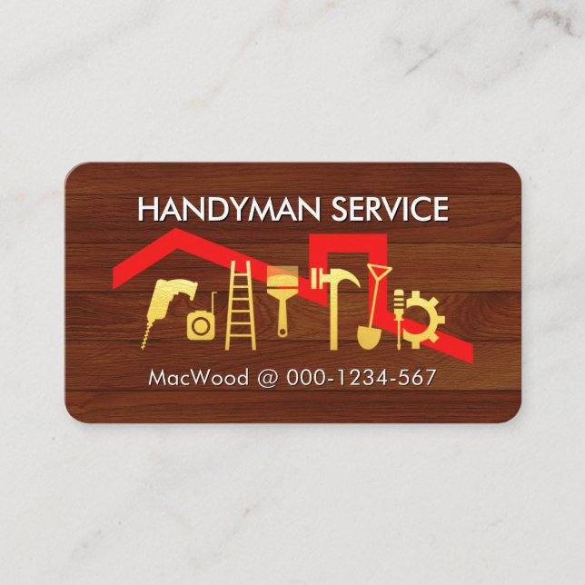 Gold Handyman Tools Icon On Wood Panel Business Card (Front)