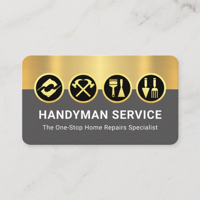 Gold Handyman Tools On Gold Grey Layers Business Card (Front)