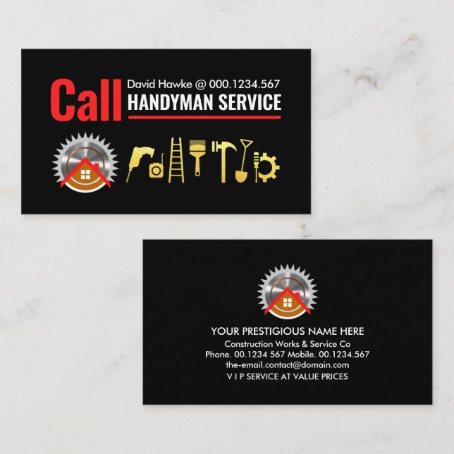 Gold Handyman Tools On Red Line Business Card (Front/Back)