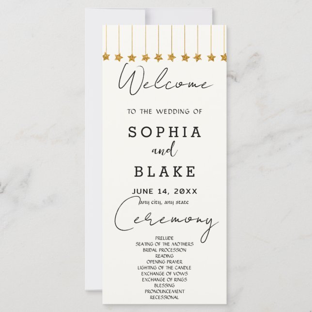 Gold Hanging Stars Off White Wedding Program (Front)