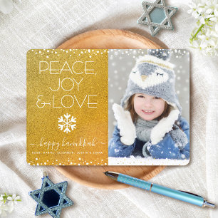 Gold Hanukkah Photo Peace Joy Love Quote Snowflake Holiday Card