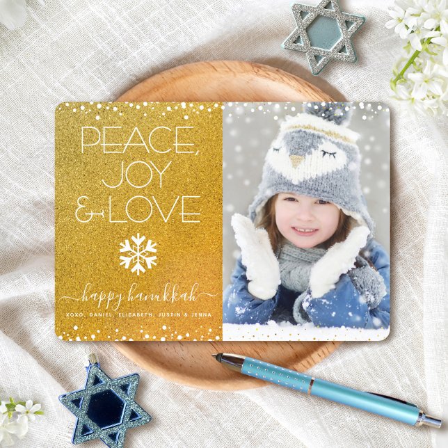 Gold Hanukkah Photo Peace Joy Love Quote Snowflake Holiday Card (Creator Uploaded)
