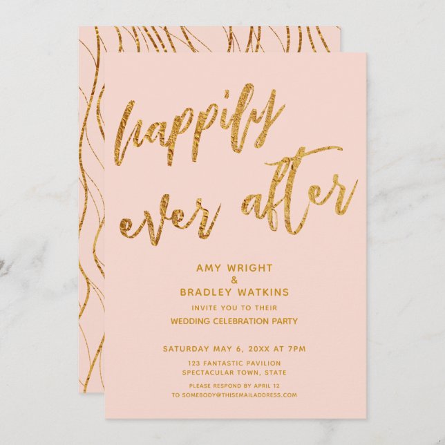 Gold Happily Ever After Blush Wedding Reception Invitation (Front/Back)
