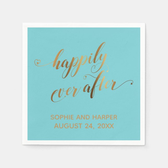 Gold Happily Ever After Hearts Script on Turquoise Napkin (Front)