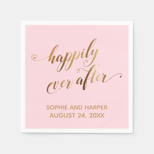 Gold Happily Ever After, Hearts Script Pastel Pink Napkin (Front)