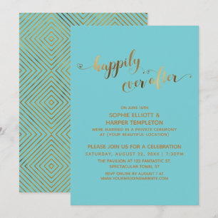 Gold Happily Ever After on Turquoise w/ Hearts Invitation