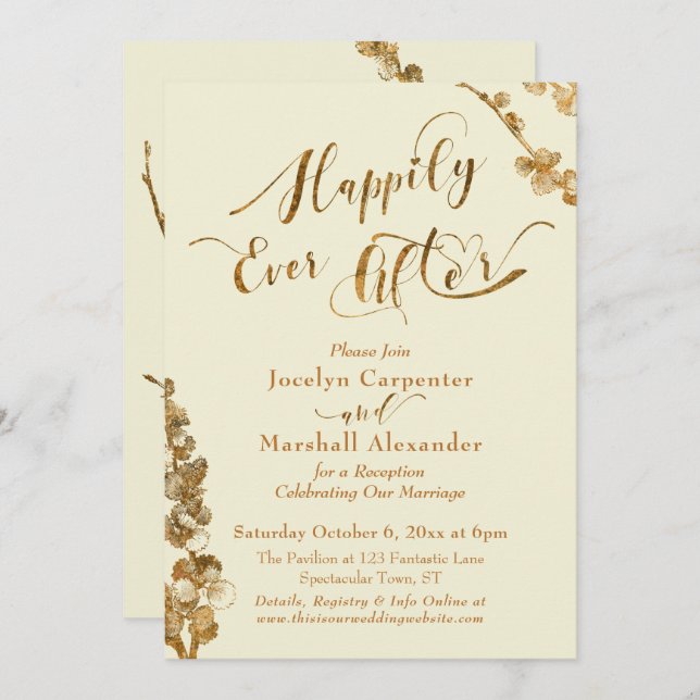 Gold Happily Ever After with Botanicals, Ivory Invitation (Front/Back)