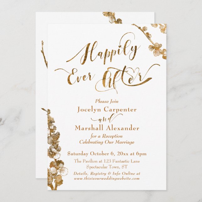 Gold Happily Ever After with Botanicals on White Invitation (Front/Back)