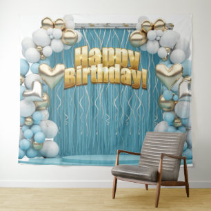 Gold Happy Birthday Banner Backdrop Wall Art  Tapestry