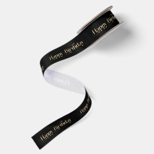 Gold Happy Birthday Retro Typography On Black Satin Ribbon