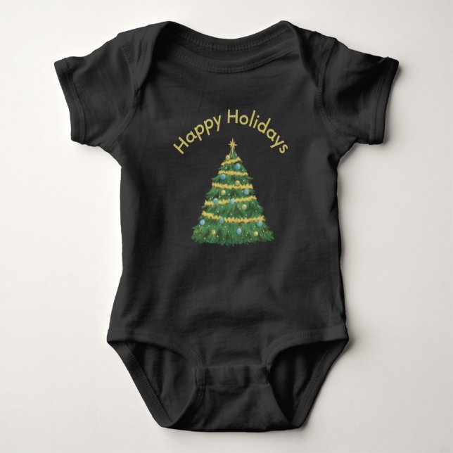 Gold Happy Holidays and Christmas Tree Baby Bodysuit (Front)