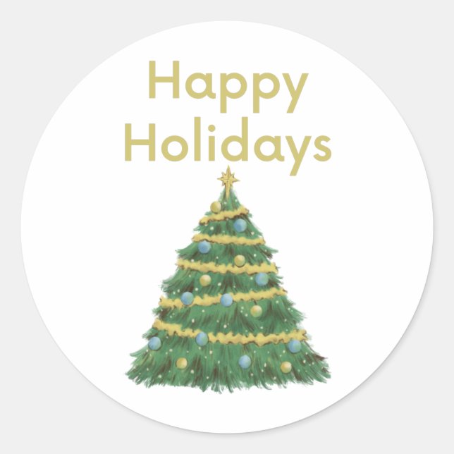 Gold Happy Holidays and Christmas Tree Classic Round Sticker (Front)