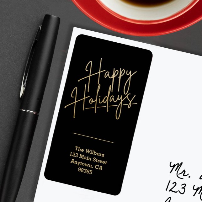 Gold Happy Holidays Black Return Address Label (Gold script Happy Holidays on black vertical return address labels)