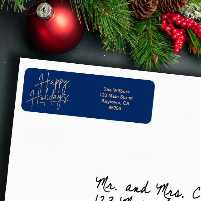 Gold Happy Holidays Blue Return Address (Gold script Happy Holidays on small blue horizontal return address labels)