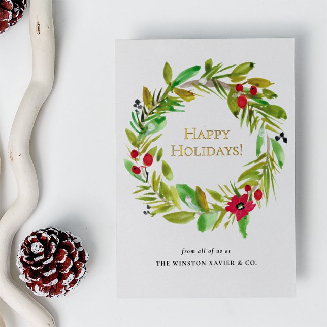 Gold Happy Holidays Christmas watercolor Wreath  (Real gold foil happy holidays modern watercolor wreath business christmas card.)