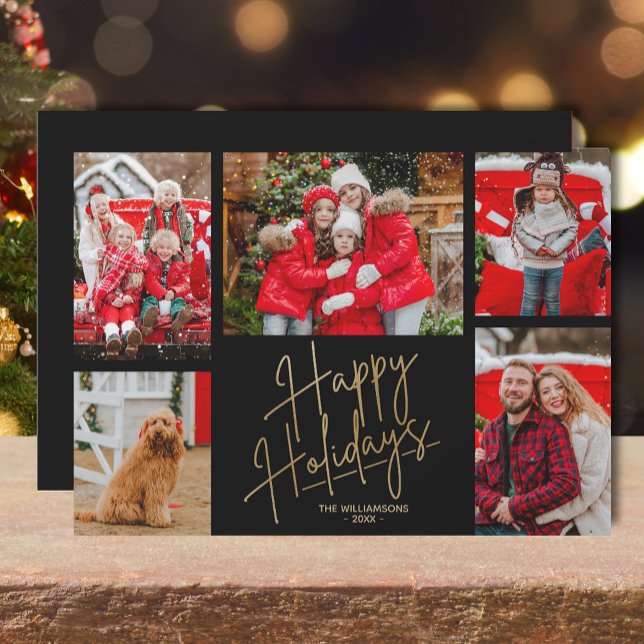 Gold Happy Holidays Five Photos Black Holiday Card (Gold Happy Holidays five photos on black flat greeting cards)