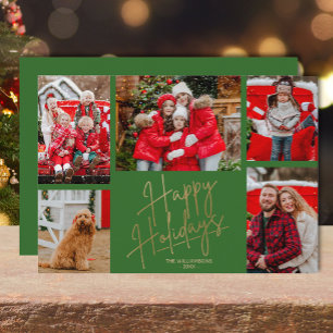 Gold Happy Holidays Five Photos Green Holiday Card