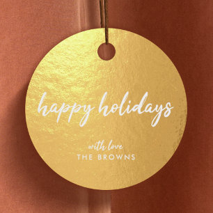 Gold Happy Holidays Modern Minimalist Xmas Script Favour Tags