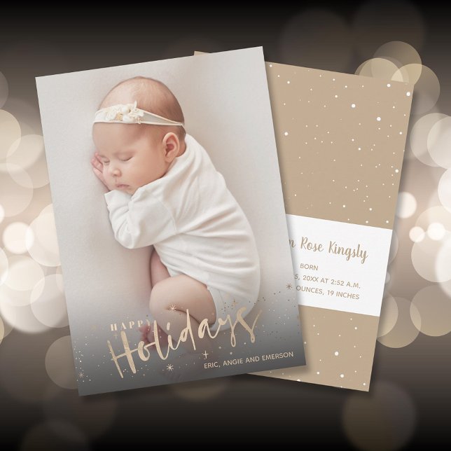 Gold Happy Holidays Photo Birth Announcements (Creator Uploaded)