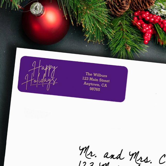 Gold Happy Holidays Purple Return Address (Gold script Happy Holidays on small purple horizontal return address labels)