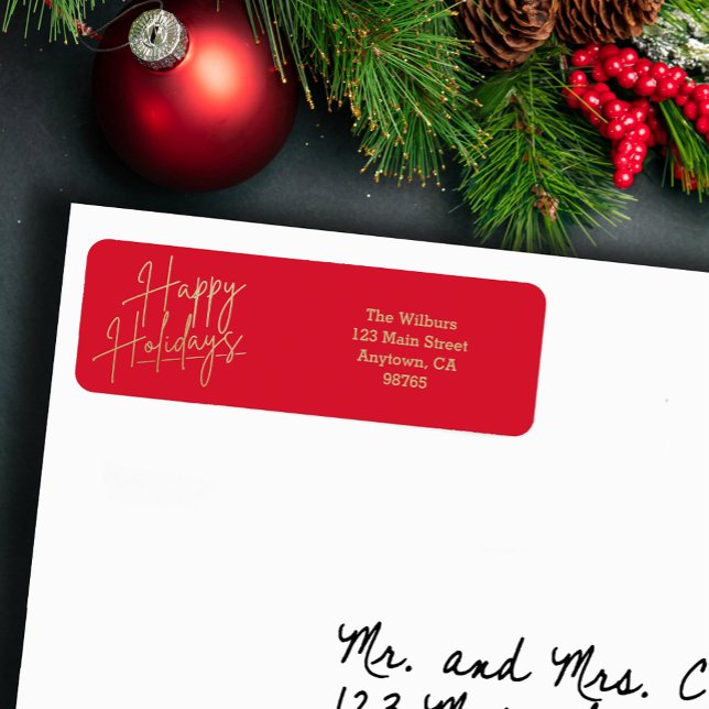Gold Happy Holidays Red Return Address (Gold script Happy Holidays on small red horizontal return address labels)