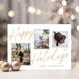 Gold Happy Holidays Script 3 Photo Holiday Card