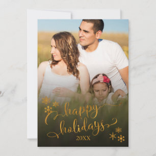 Gold Happy Holidays Script with Photo & Snowflakes Holiday Card