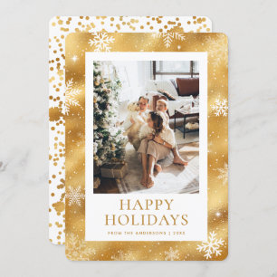 Gold Happy Holidays Snowflake Snow Photo Holiday Card
