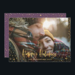 Gold happy holidays stars 1 photo Christmas Holiday Card<br><div class="desc">Gold happy holidays stars 1 photo Christmas holiday card. With a script text and gold effect design,  purple back ground color can be change to suit your style.</div>