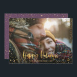 Gold happy holidays stars 1 photo Christmas Holiday Card<br><div class="desc">Gold happy holidays stars 1 photo Christmas holiday card. With a script text and gold effect design,  purple back ground color can be change to suit your style.</div>