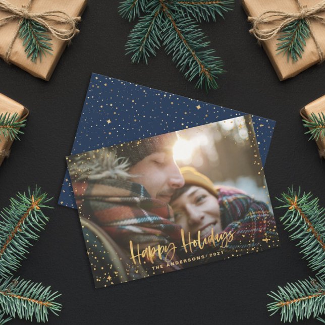 Gold happy holidays stars photo holiday card (Creator Uploaded)