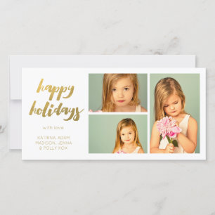Gold Happy Holidays White 3 Frame Photocard Holiday Card